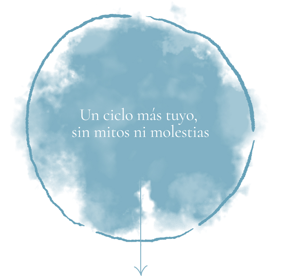 Círculo de nubes azul con texto en el centro: "Un ciclo más tuyo, sin mitos ni molestias"